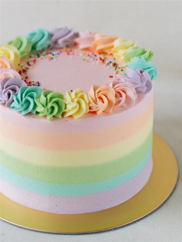 pastelinis vaivorykštės tortas su konditeriniu kremu ir spalvingais rutuliukais originalus desertas