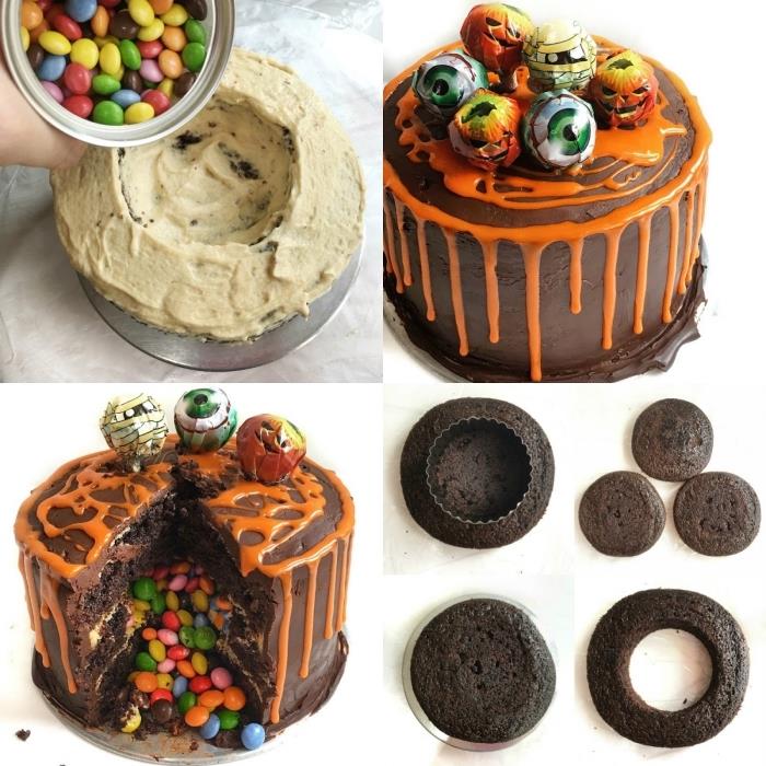 smarties ideja čokoladne torte za noč čarovnic z oranžno tekočo glazuro