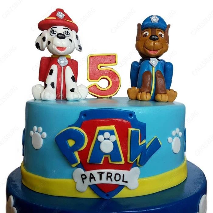 izvirna torta modra paw patrol, rojstni dan paw patrol, dva psa in logotip