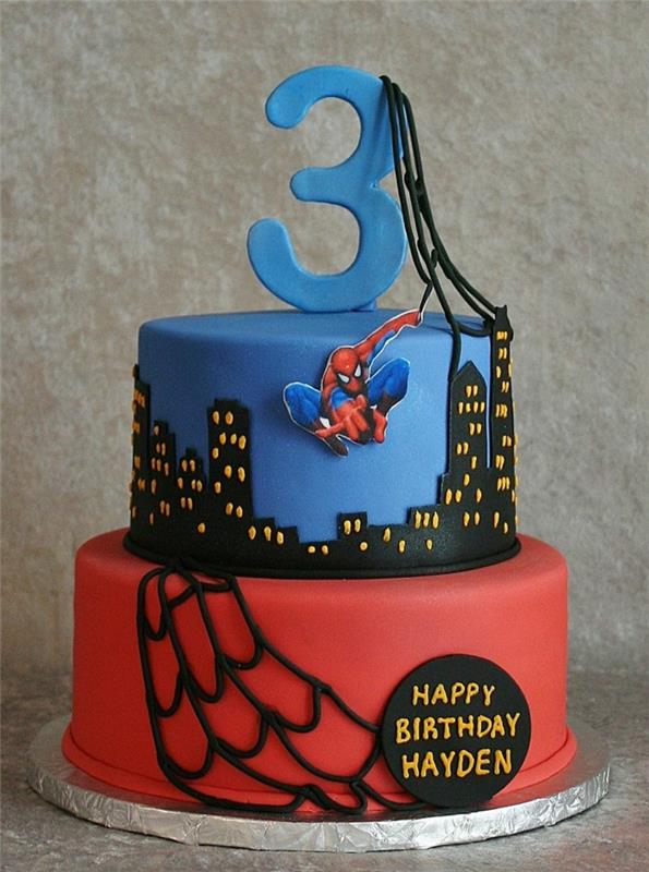 originalus berniukų pyragas, tortas su voro žmogaus herojumi, dviejų aukštų tortas