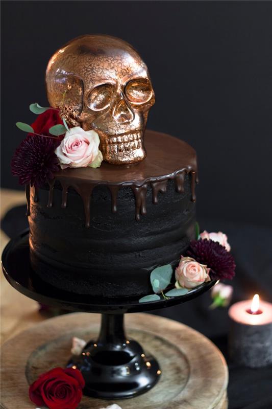 kolay cadılar bayramı pastası siyah krema altın şeker kafatası gıda boyası kolay tatlı çikolatalı ev yapımı kek