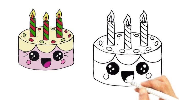 Luštna risba Kawaii, nasmejana risba torte, izvirne ideje za risanje rojstnega dne in kako jo obarvati