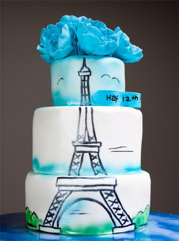 trijų pakopų tortas su Eifelio bokšto piešiniu, mėlynos pastos gėlės, suaugusiųjų gimtadienio tortas
