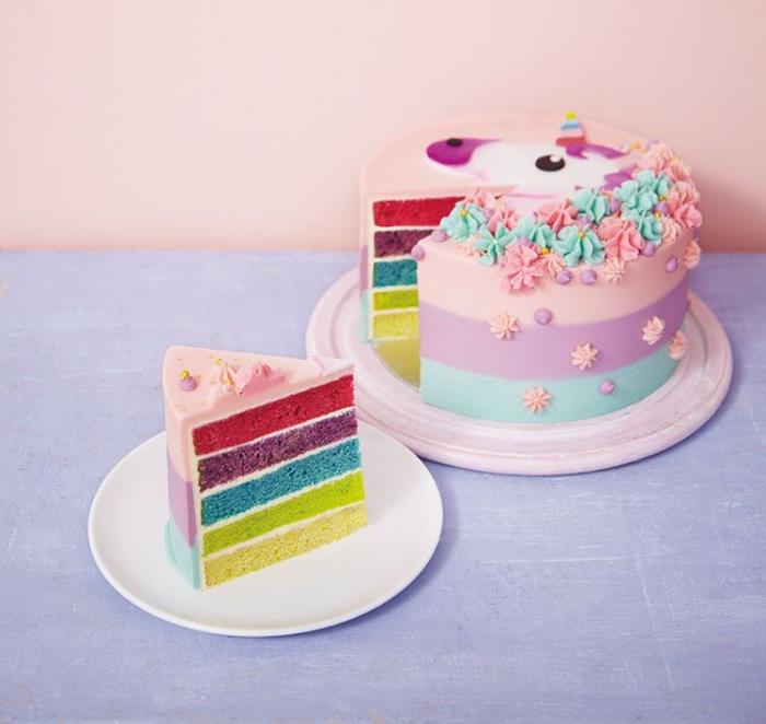originalus vaivorykštinis tortas, skirtas gimtadieniui švęsti vienaragio tema, gražus vaivorykštinis tortas su pastelinėmis spalvomis dekoruotu glajumi, dekoruotas vienaragio galva cukraus pasta ir gėlėmis glazūroje