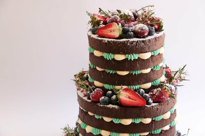 kakavova torta, okrašena z več sadeži, kos v več plasteh