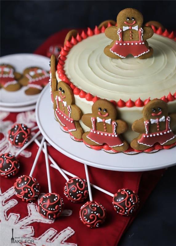 beyaz çikolata ile süslenmiş zencefilli kek ve kraliyet kırmızısı ve beyaz krema ile süslenmiş küçük baharat figürleri, Noel pastası çıkar