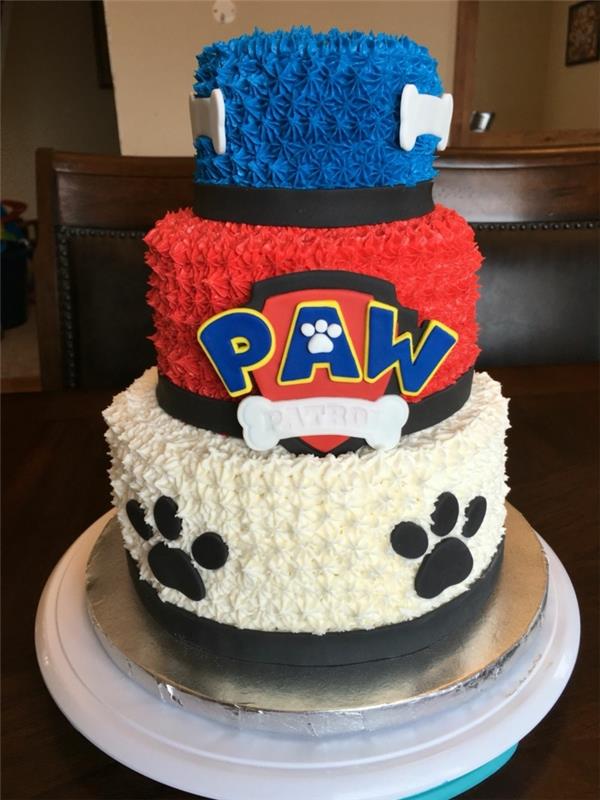 luštna tristopenjska torta, rojstnodnevna torta paw patrol, modra, bela in rdeča torta; pasje tace