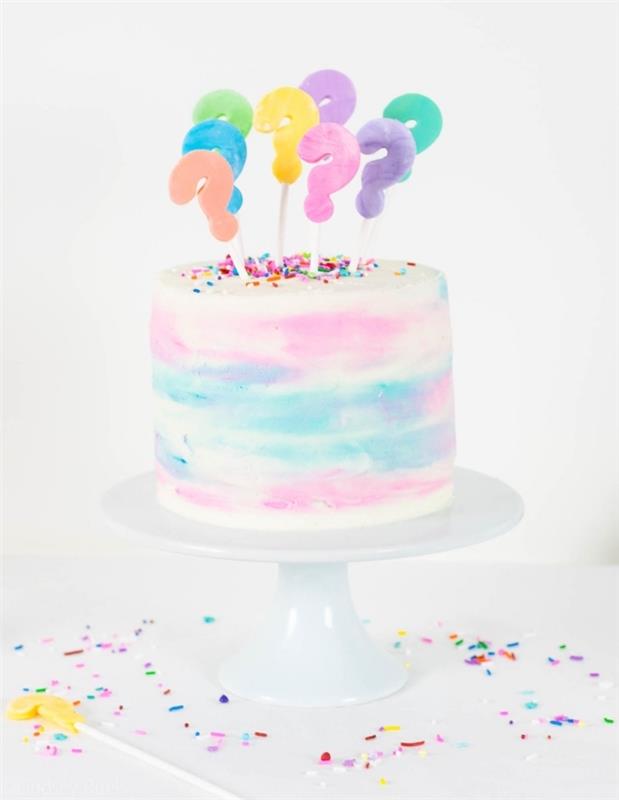 slastna pinata torta za otroško prho, akvarelna sladoledna torta, napolnjena z roza bonboni, okrašena s klicaji
