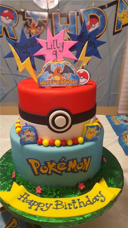 rojstnodnevna torta, večplastna torta, rdeča glazura, pokemon torta, modre stene
