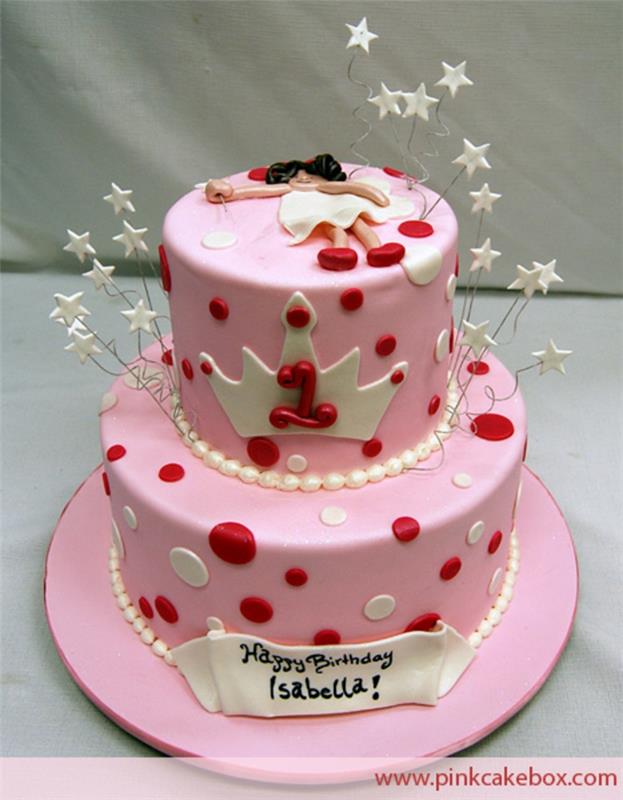 dviejų pakopų tortas, individualizuotas gimtadienio tortas, rožinės spalvos pasta, raudonos ir baltos spalvos taškeliai, figūrėlė