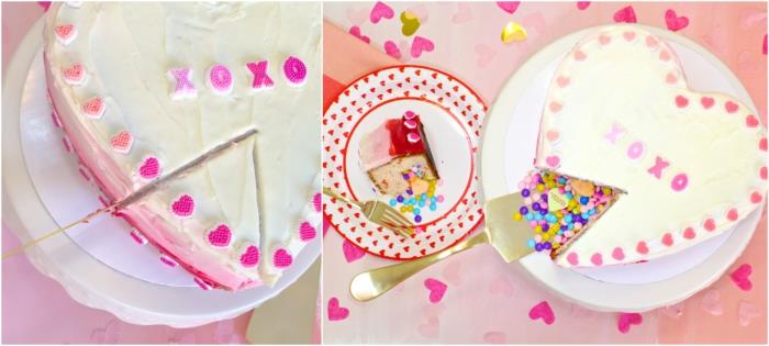 pinata torta v obliki srca za valentinovo, ki skriva sladkarije v obliki srca z nasipom