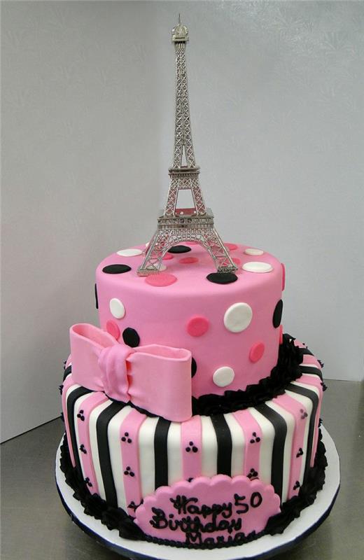 pyragas su Eifelio bokštu, pyragas su rožiniu glajumi, rausva rožinė juostelė, individualus gimtadienio tortas