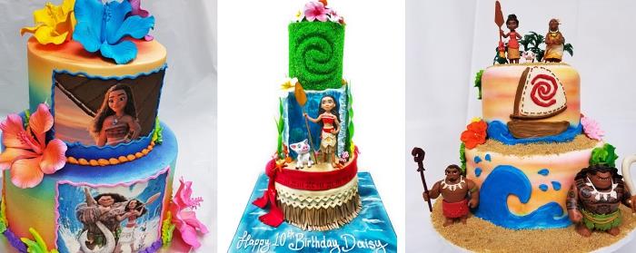 pavyzdžiai, kaip pasigaminti „Disney“ gimtadienio šokoladinį pyragą „Vaiana“ tema, vaivorykštės dizaino torto modelis su vaianos dekoravimu