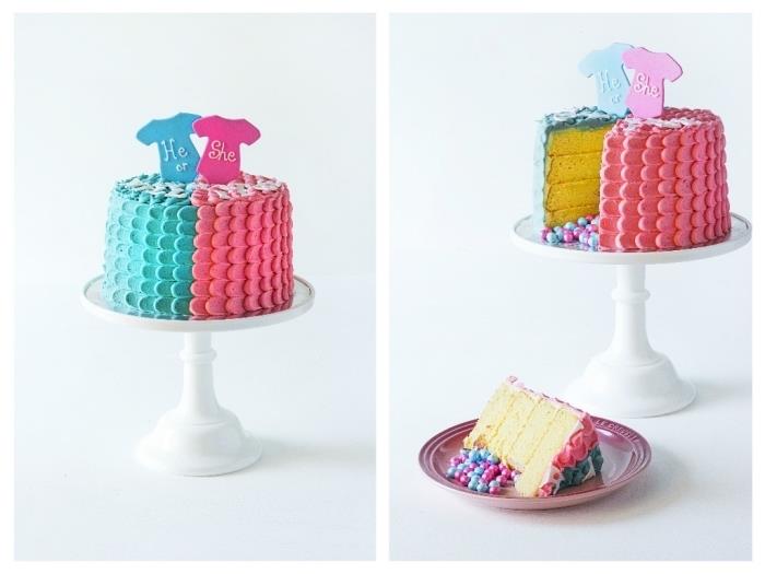 otroška torta pinata, ki razkrije spol bodočega otroka, s pol roza, napol modrimi lističi