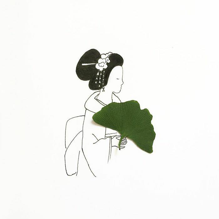 črno -bela risba gejše, zeleni list, ki se uporablja kot ventilator, kako narisati dekliški obraz
