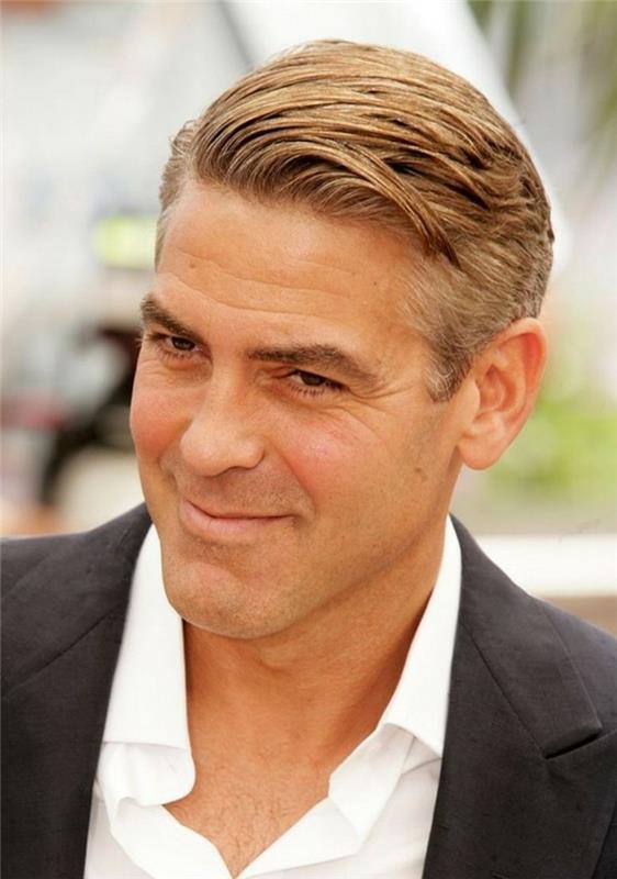 George Clooney tarafından giyilen klasik açılan saç modeli, erkekler için kısa saç kesimi, kestane kahvesi ve gri