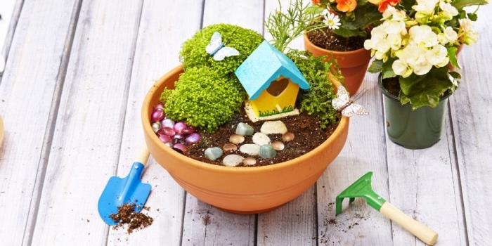 Vaso di terracotta hadi un giardino içinde miniatura con erba e casetta di legno