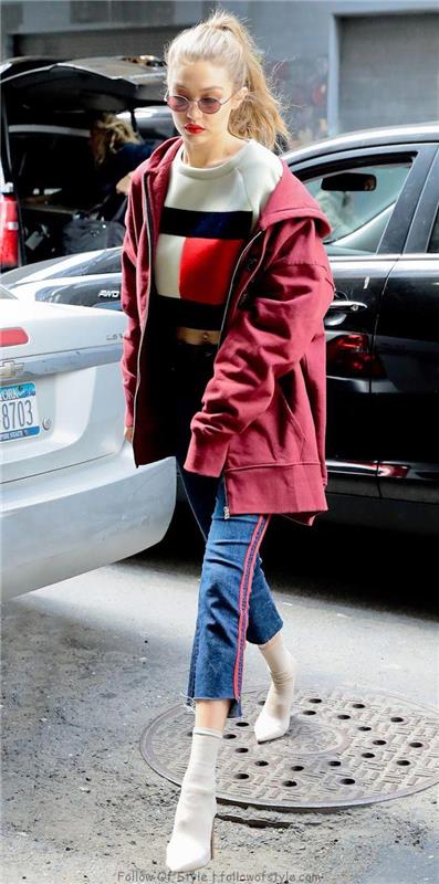 Gigi hadid originali aprangos idėja, moteriškas veliūrinis sportinis kostiumas, kaip žinoti, kaip rengtis