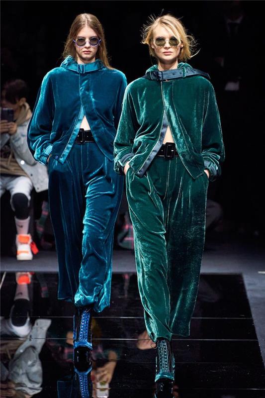 giorgio armani idee apranga moteris sportinio stiliaus pliušiniai kostiumai žalios ir turkio spalvos su akiniais nuo saulės
