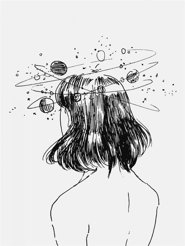 kız çizimi, başın etrafındaki gezegenler, beyaz arka plan, siyah beyaz tumblr