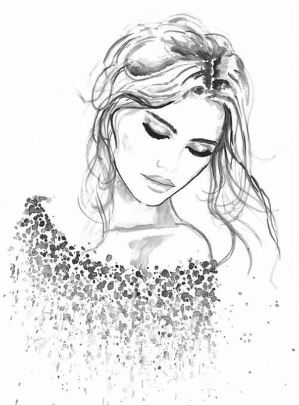 črno -bela risba, dekle, ki gleda čez ramo, lasje v neurejeni punđi, kako narisati dekliški obraz