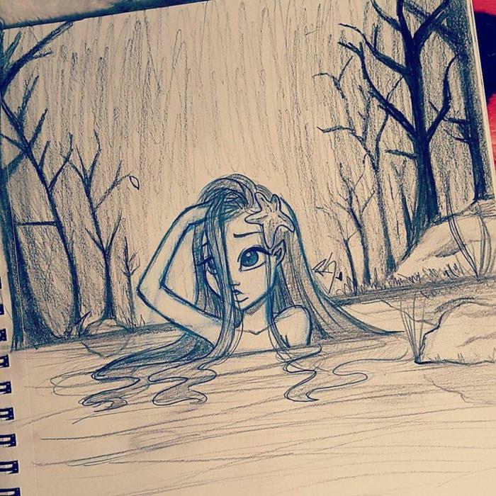 dekle v reki, črno -bela risba, lepa punca, obdana z drevesi in skalami