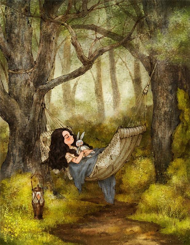 dekle, ki spi v viseči mreži, kako narisati dekle, ki drži plišastega zajčka, obdanega z drevesi in grmovjem