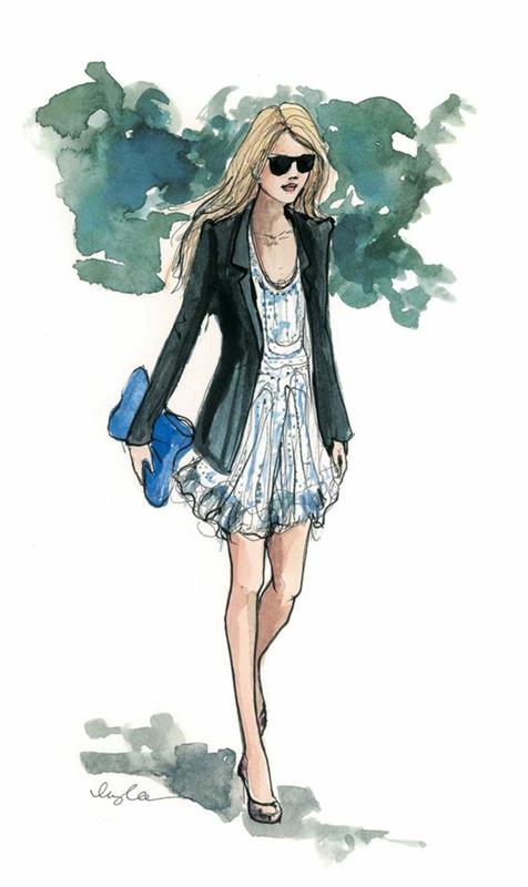 deklica, ki hodi, oblečena v modro -belo obleko, črni jopič, obris deklice, oblečena v visoke pete in sončna očala