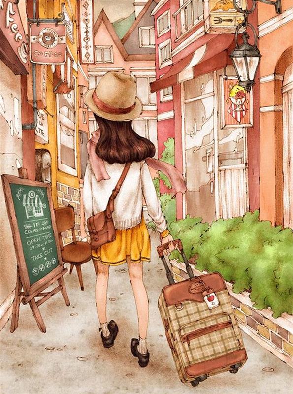 dekle, ki hodi po ulici, nosi kovček, sled slike, v rumenem krilu, belem puloverju