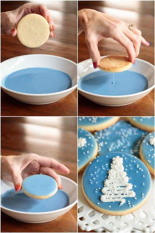 kako narisati vzorec božičnega drevesa na božično pecivo., ideja za božično torto z okrasom modre glazure in belim vzorcem božičnega drevesa in belimi sladkornimi biseri