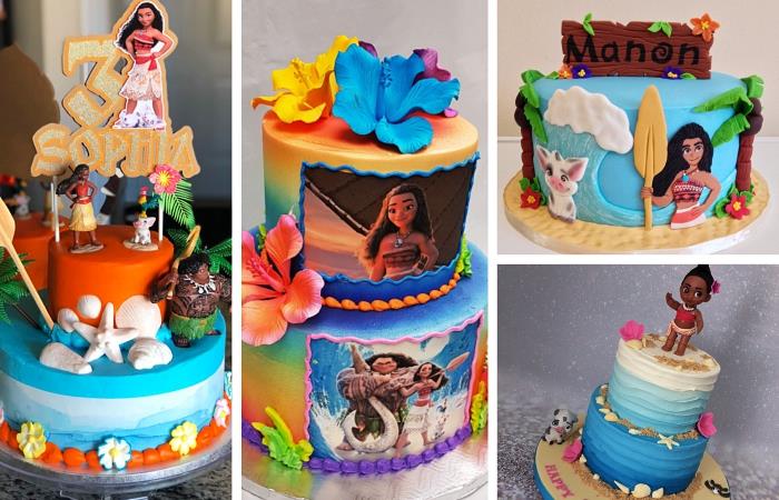 Šokoladiniai gimtadienio tortų modeliai „Disney“ tema su „Vaiana“ ir „Maui“ dizainu, vaivorykštės dizaino torto dekoru