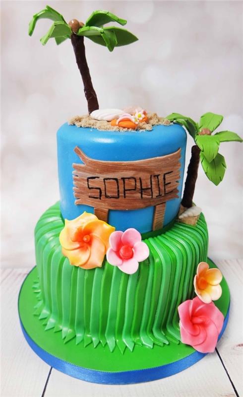 Paruoškite dviejų pakopų „Disney“ gimtadienio tortą su spalvotu fondantu mėlyna spalva, skirtu vandenyno efektui, ir spalvotu fondantu žaliai-gamtai