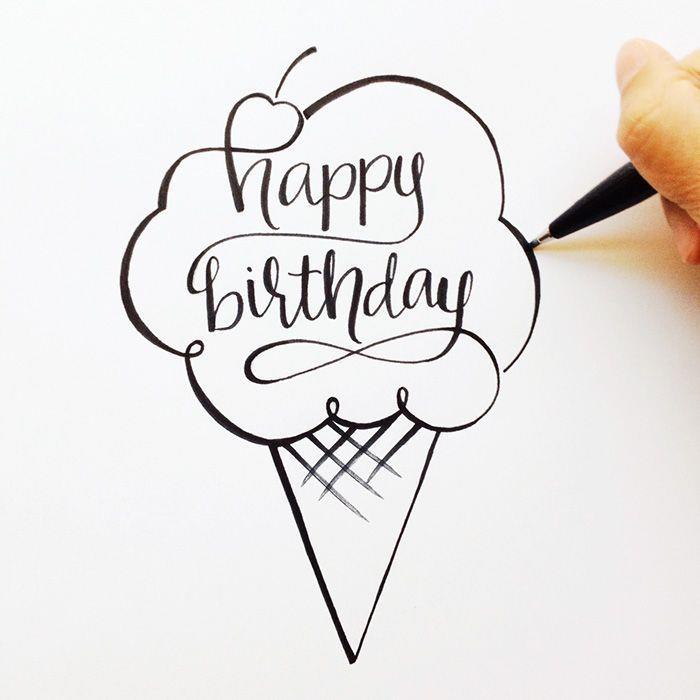 Ideja za barvanje rojstnega dneva sladoledni kornet z napisom vesel rojstni dan, risba za rojstni dan