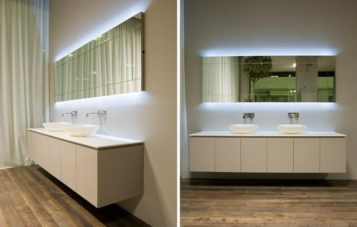 vonios kambarys-veidrodis-tamsus-parketas-natūralaus medžio baldai-smėlio spalvos veidrodis-su-led