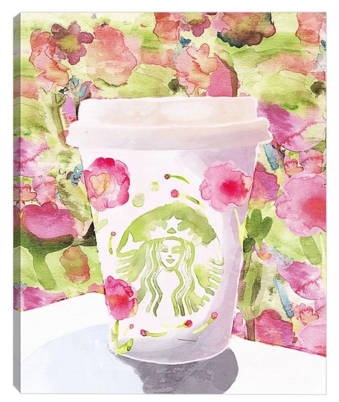 vadite akvarel s preprostimi predmeti in enostavno reproducirajte, cvetlični pehar Starbucks, naslikan v akvarelu