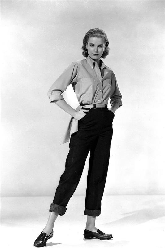 Aktris ve prenses, film kıyafeti, siyah pantolon ve uzun kollu gömlek, 1950'lerin kadını, 1950'lerin kıyafeti