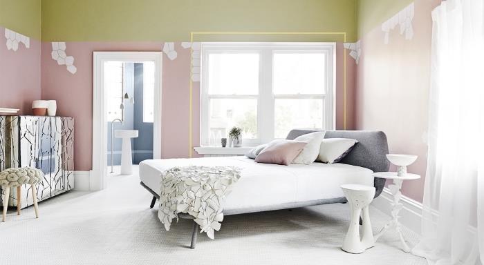sodobno notranjo opremo, trendovske barve sten v spalnici, 2 barvni pastelno zeleni in roza barvi v spalnici