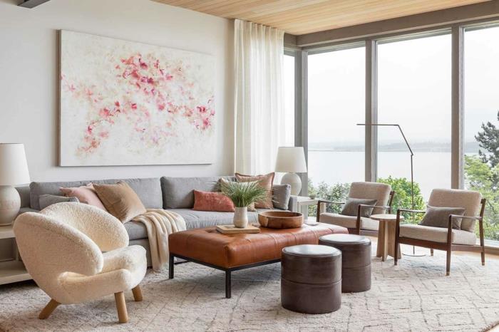 velika abstraktna umetniška slika osrednja točka dnevne sobe s čudovitim razgledom zapihanje vzdušja barvna slika moderna dnevna soba siv kavč