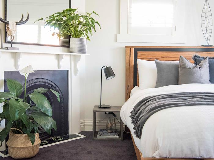 Bohem yatak odası şöminesi, modern kirletici iç mekan bitkisi, rafta yeşil bitki