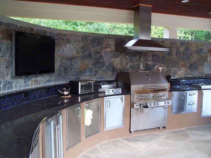 yaz bahçesi için tezgah ve paslanmaz çelik ızgara fırınlı yarı dairesel açık mutfak