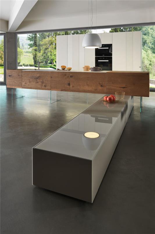 erdvus dizainas ir moderni virtuvė, didelis salos modelis apačioje, pilkos lakuotos grindų betono apdaila virtuvėms