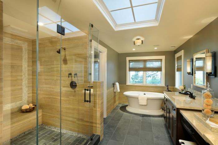 lavabo altı büyük tezgah ve mueble, oval küvet, gri karo zemin