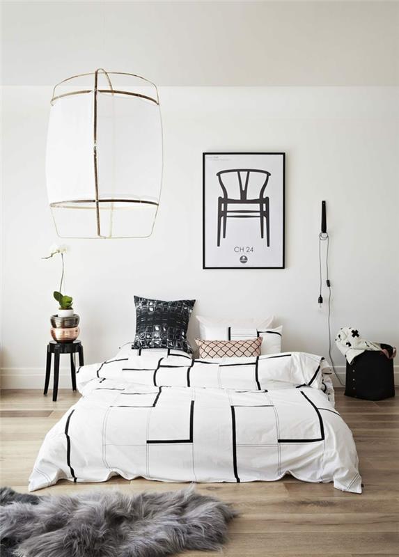 masa lambasına modern bir alternatif, portatif lamba gibi başucu sarkıt lamba, İskandinav tarzında modern yatak odası