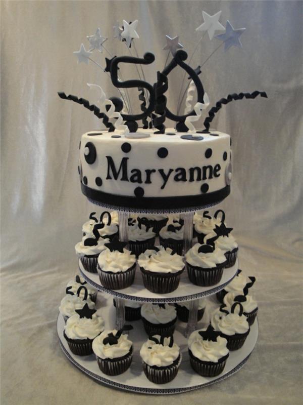 juodai baltas keksiukų bokštas, penkiasdešimtojo gimtadienio tortas, gimtadienio tortas