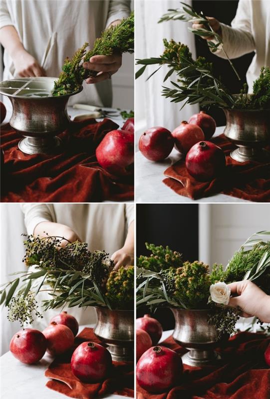 Kalėdų stalo dekoravimas gėlėmis ir vaisiais, idėja išdėstyti gėles ir alyvuogių lapus metalinėje vazoje