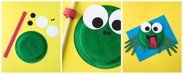 kako narediti žabo brez papirnate plošče prebarvane v zeleno, jezik in oči v papaierju, ročna dejavnost 2 leti