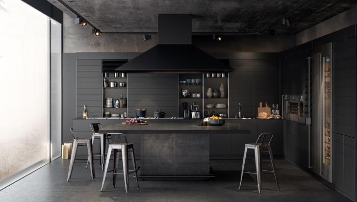 koyu renklerde modern iç tasarım, boya ve pvc lampris mutfak duvar kaplaması örneği