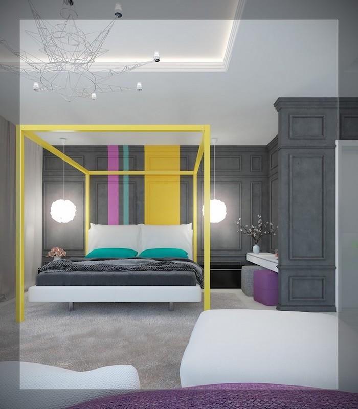 Kaip suderinti suaugusiųjų miegamojo sienų spalvas, kad originalios miegamojo idėjos būtų pilkos spalvos miegamajame su geltonos ir žalios spalvos detalėmis