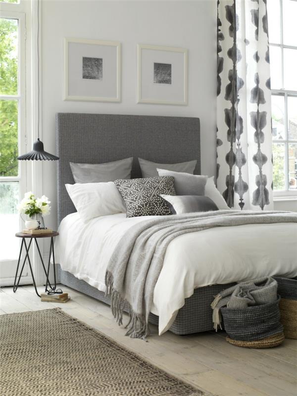 beyaz ve duman grisi perdeli inci grisi boya yatak odası ve beyaz çerçeveli iki tablo