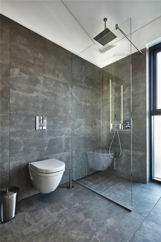 inci gri boya banyo duş şeffaf cam bölücü duvara asılı klozet